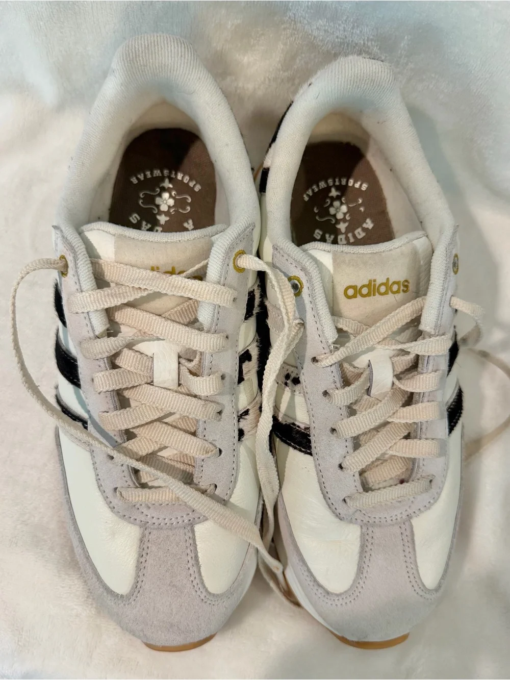 adidas Women's Cream White Suede Athletic Sneakers w/ Black Cow Pattern Stripes